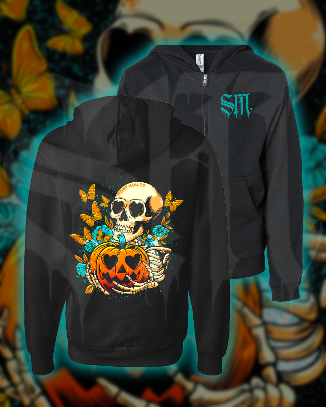 Black hoodie with a skull and pumpkin design on a colorful Halloween-themed background