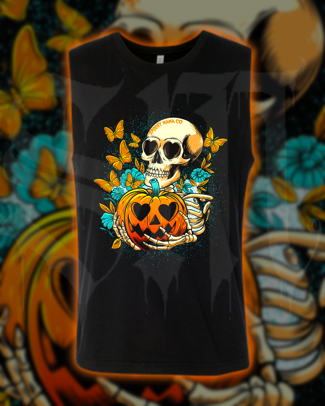 Black tank top with a skull and pumpkin design on a colorful background
