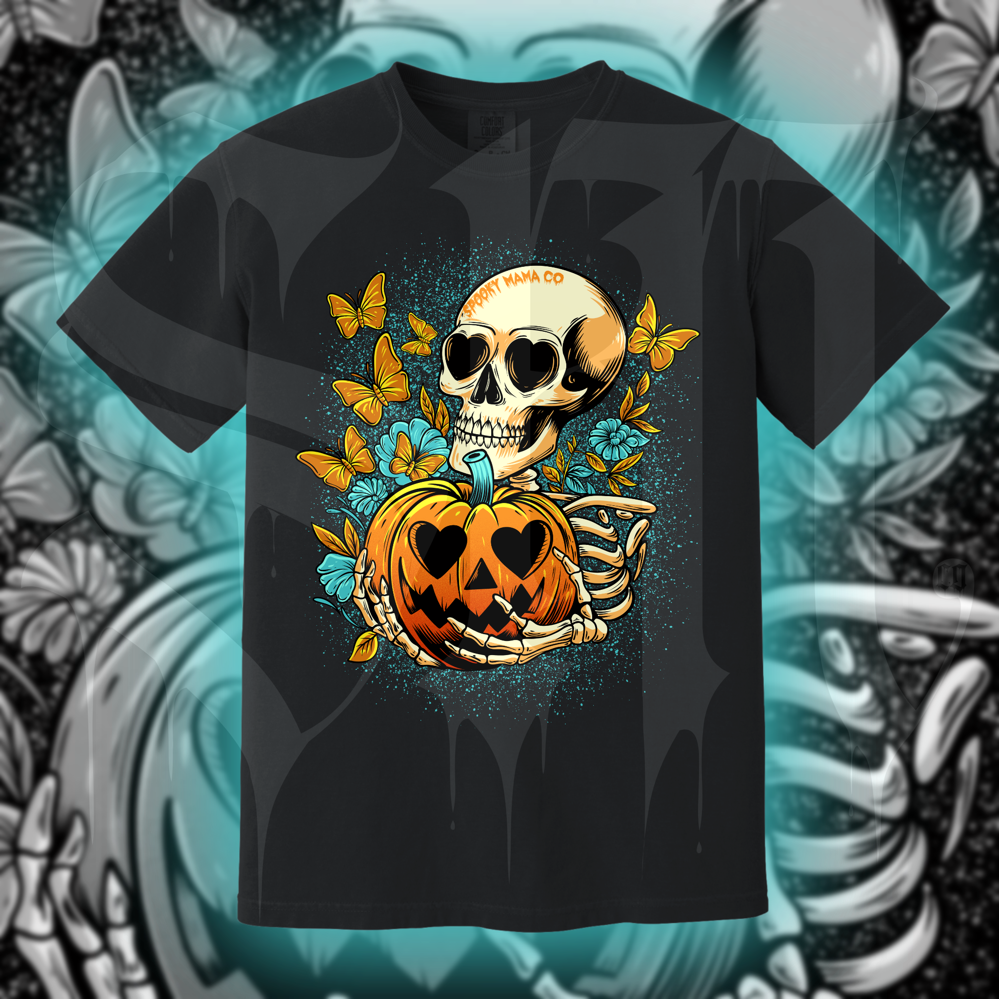 Black t-shirt with a graphic print of a skull, pumpkin, and butterflies.