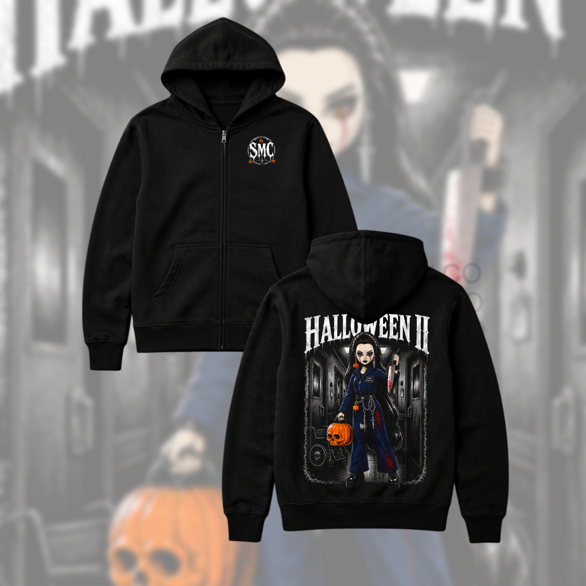 Two black zip-up hoodies shown against a faded Halloween-themed background. The front hoodie has a small circular 'SNC' logo on the left chest, and the back hoodie features a large graphic of a skeleton in a dark room with the text 'HALLOWEEN II' above it.