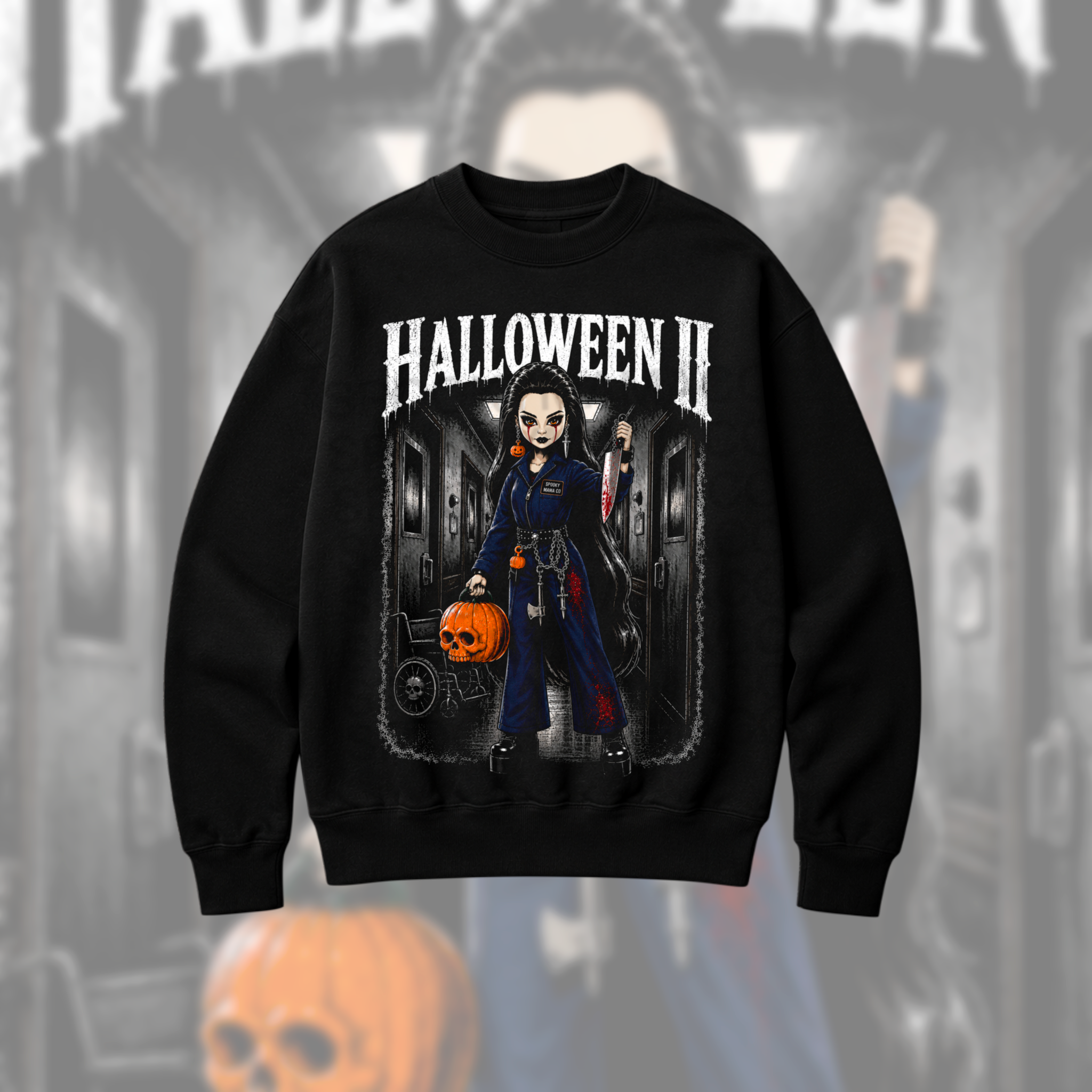 A black crewneck sweatshirt featuring a graphic print of Michael Myers from the movie 'Halloween II' with the text 'HALLOWEEN II' above him, displayed against a blurred Halloween-themed background.