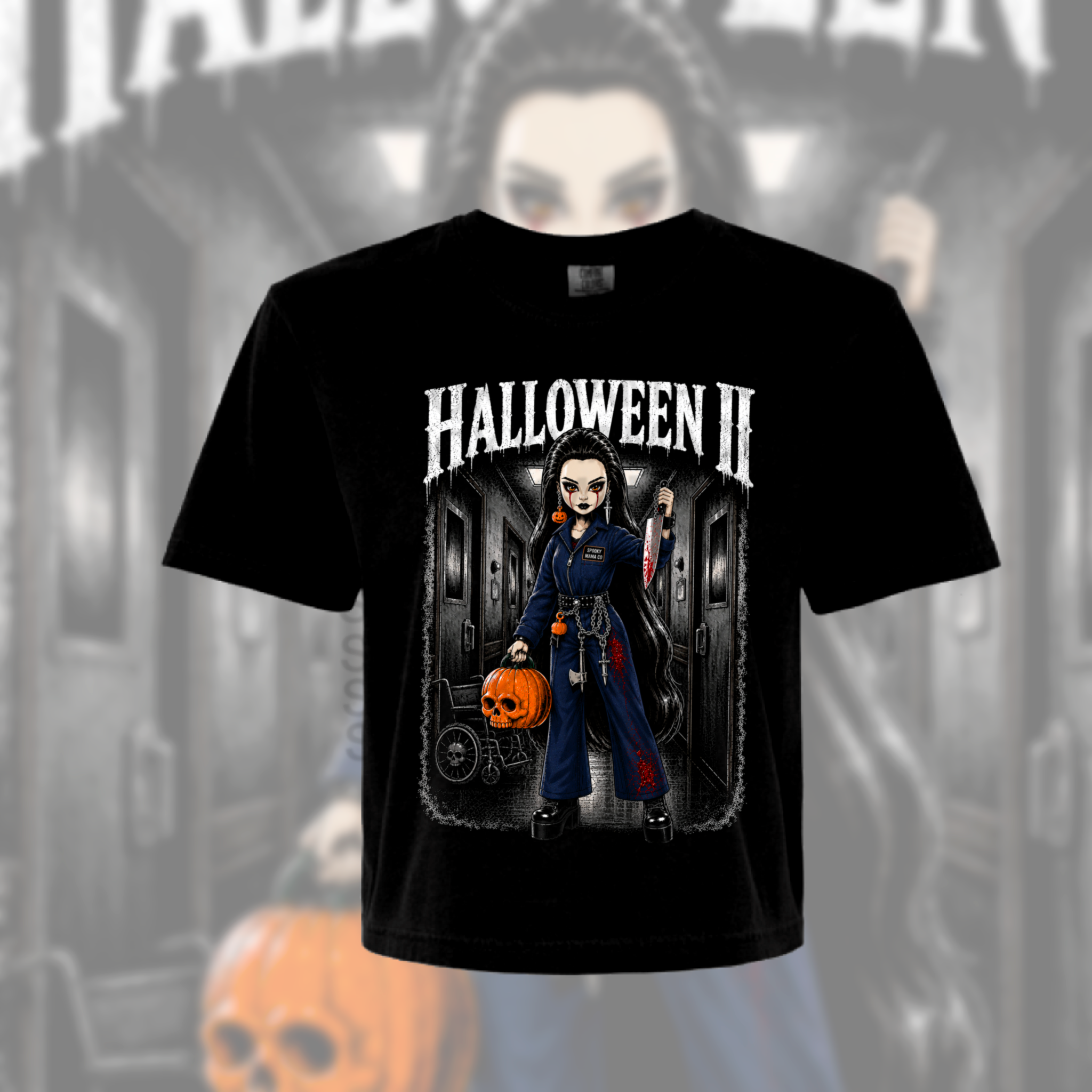 A black short-sleeve graphic t-shirt featuring a stylized illustration of Wednesday Addams from Halloween II, holding a pumpkin, with the 'HALLOWEEN II' logo printed above. The shirt is displayed against a faded, desaturated background of the same Halloween theme.