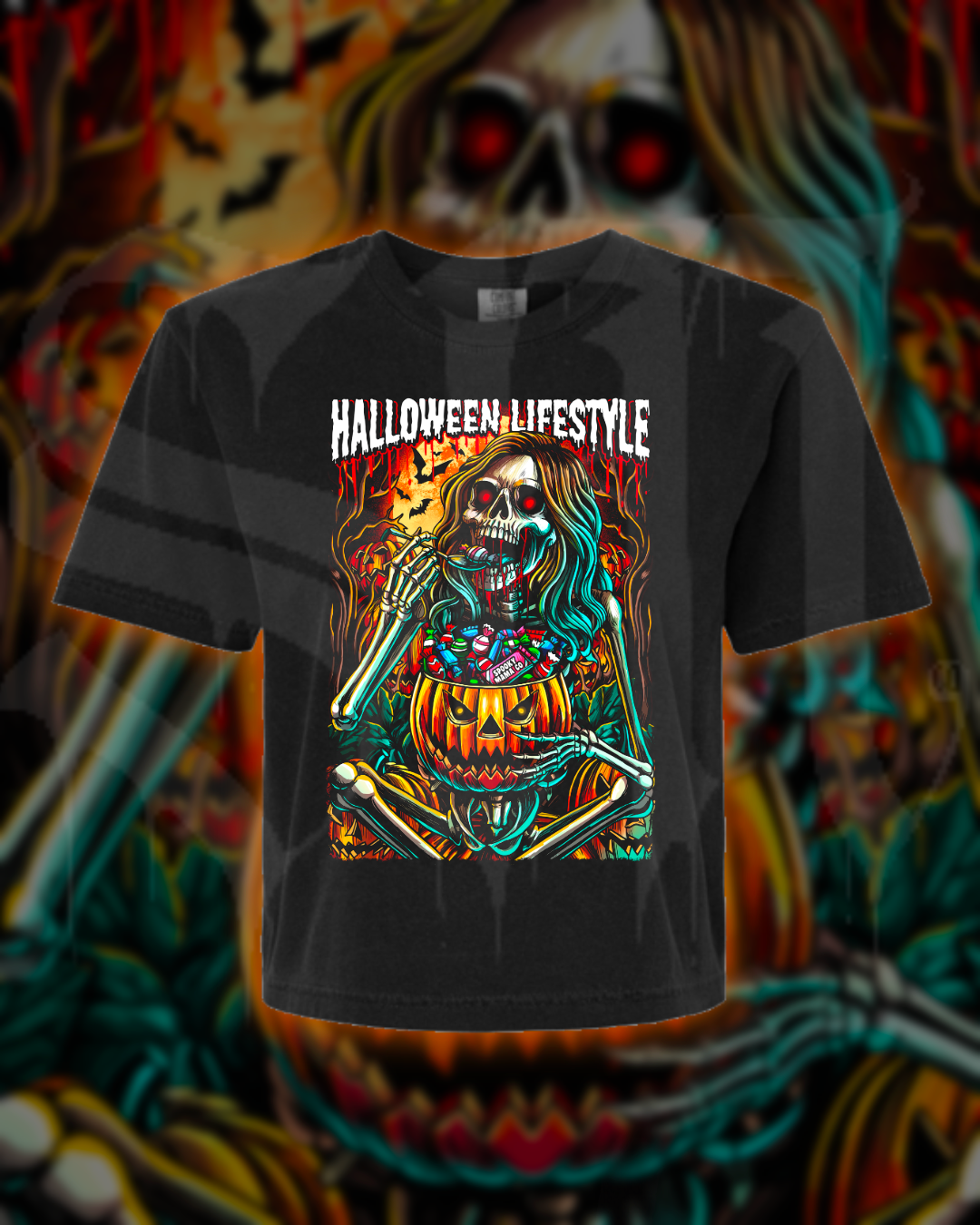 Black t-shirt with colorful skeleton design and 'Halloween Lifestyle' text on a Halloween-themed background.