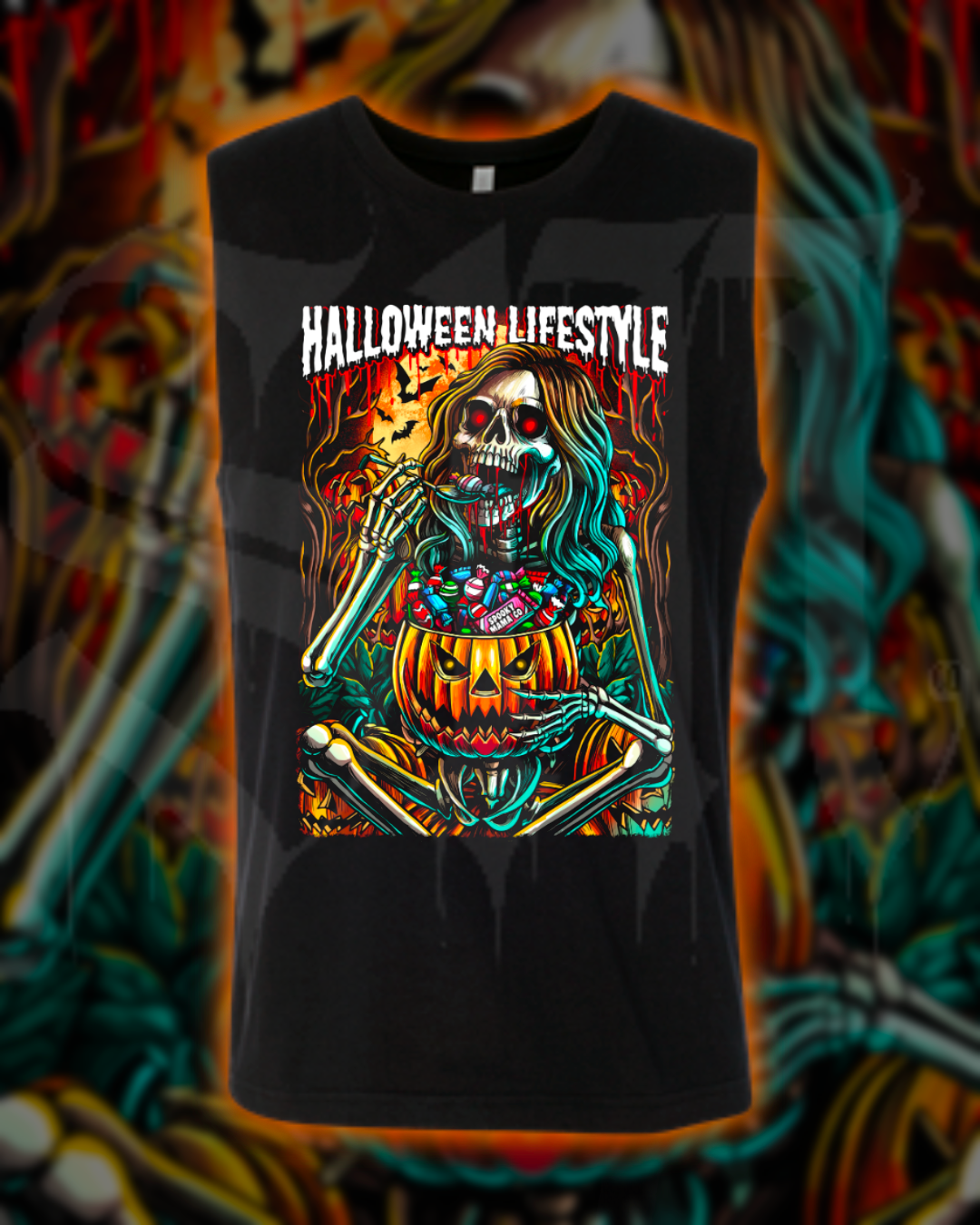 Black tank top with a colorful skeleton and pumpkin design on a Halloween-themed background.