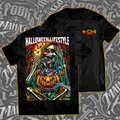 A black t-shirt with a Halloween themed graphic design, including a skull, pumpkin, and skeleton, with the text 'HALLOWEEN LIFESTYLE' on the front.