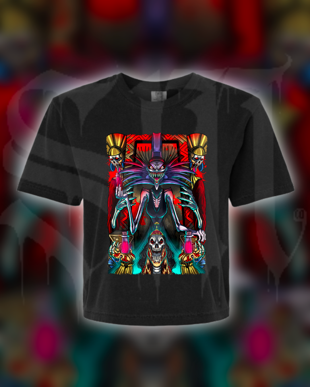 Black t-shirt with a colorful graphic design on a blurred background