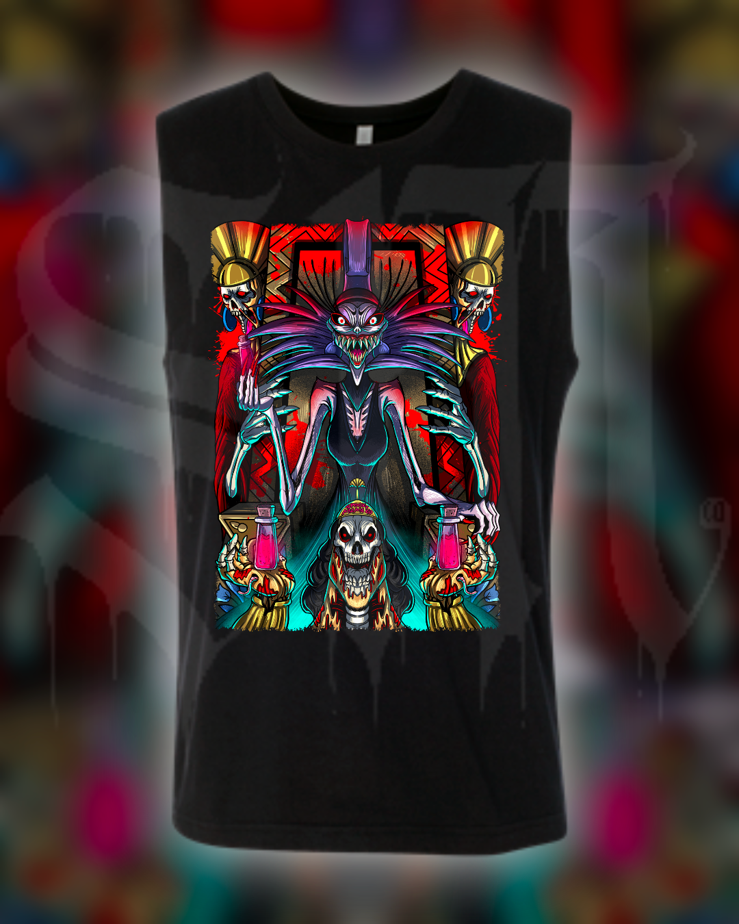 Black sleeveless shirt with a colorful graphic design on a blurred background