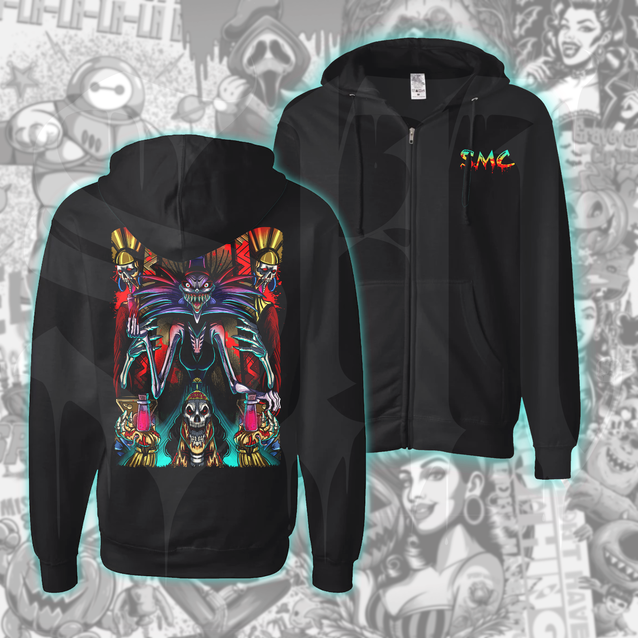 A black zip-up hoodie with a colorful character design on the back, featuring a hood with a drawstring.