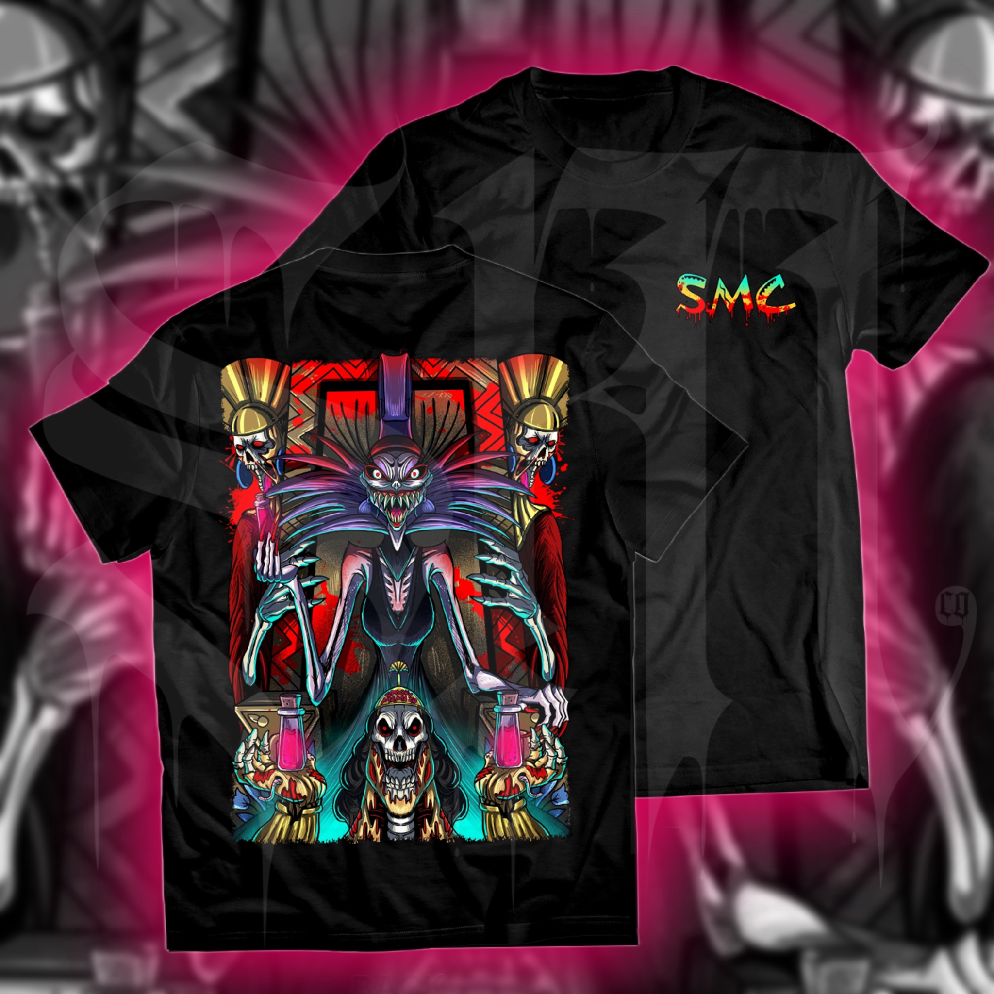 Black t-shirt with a graphic print of a character resembling Yzma from The Emperor's New Groove, surrounded by skeletons and decorative elements against a vibrant, pink-highlighted background.
