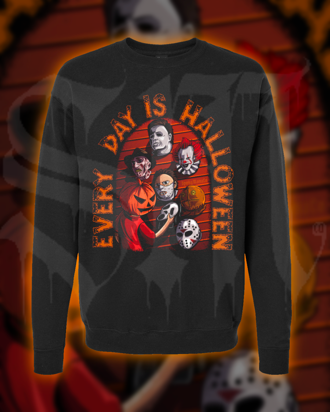Black sweatshirt with Halloween-themed design featuring characters and text on a blurred background.