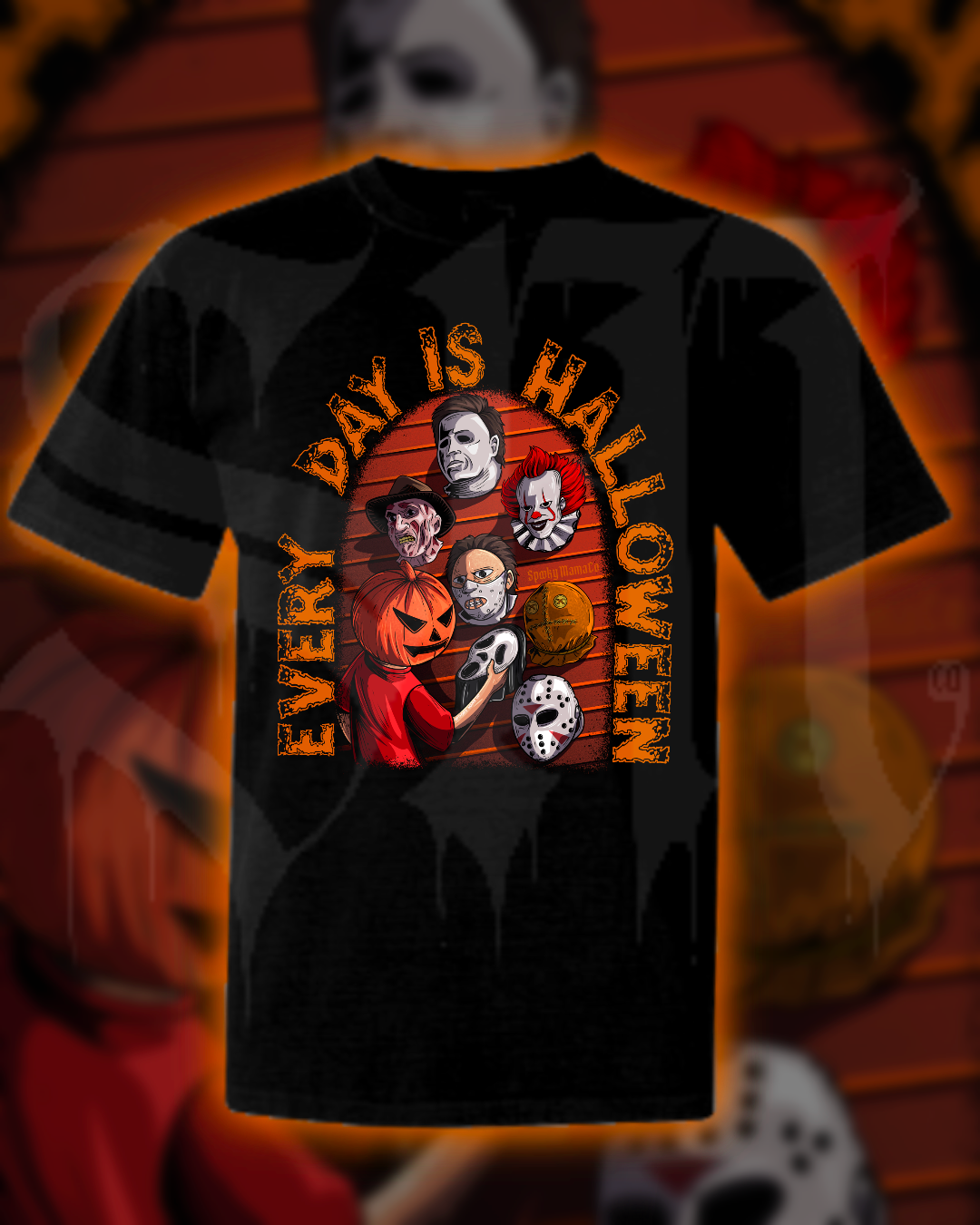 Black t-shirt with Halloween-themed design featuring characters and 'Every Day is Halloween' text on a dark background.