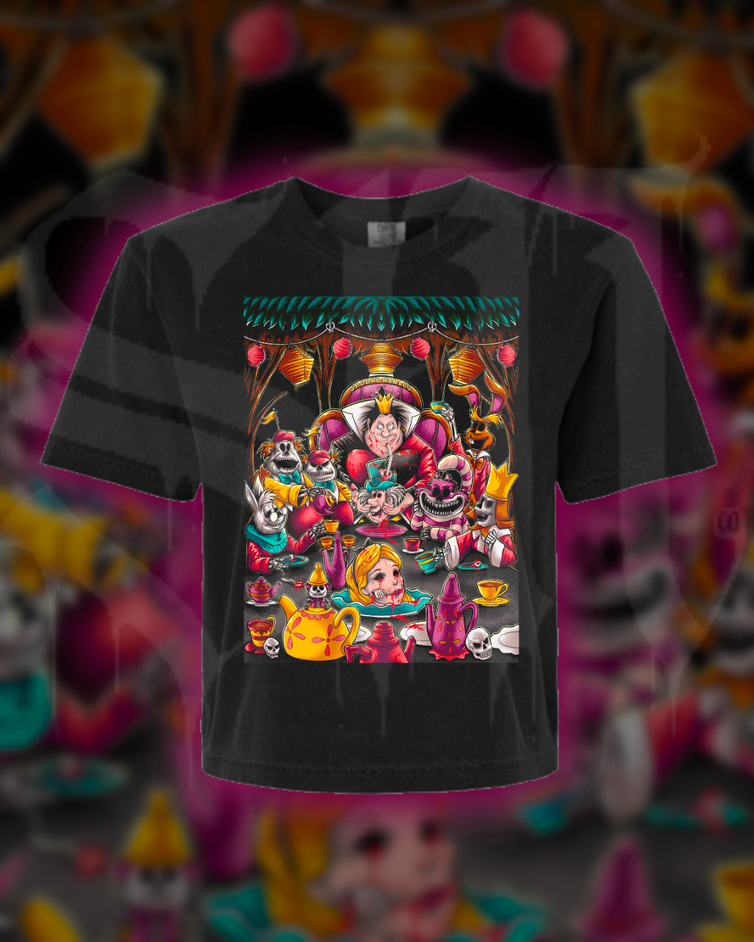 Black t-shirt with colorful graphic design on a multicolored background