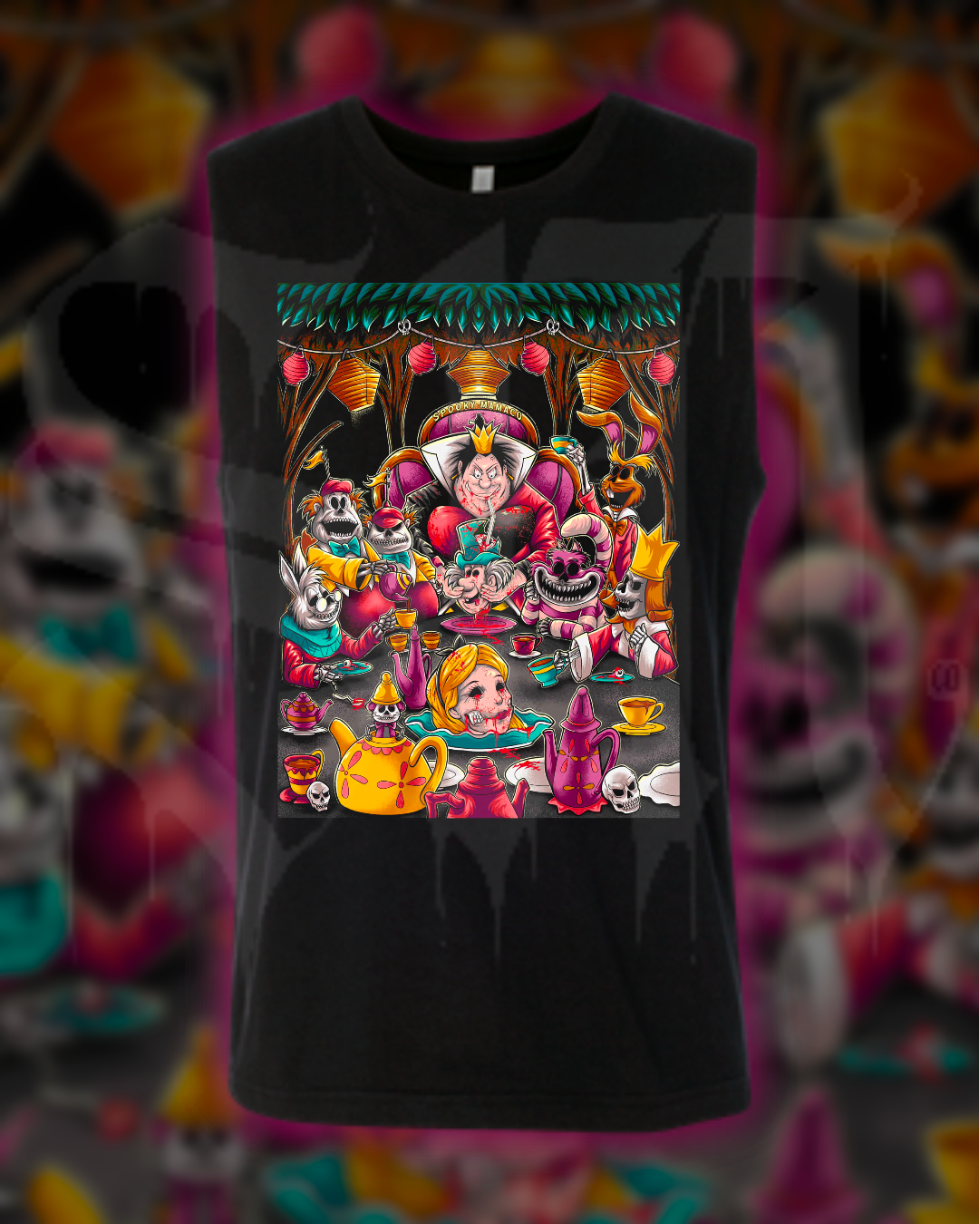 Black t-shirt with colorful graphic design of characters and objects on a multicolored background.