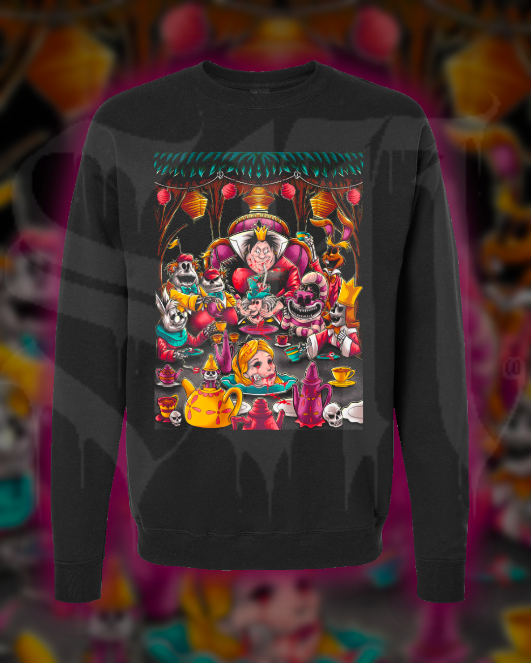 Black sweatshirt with colorful 'Alice in nightmare land' design on a multicolored background