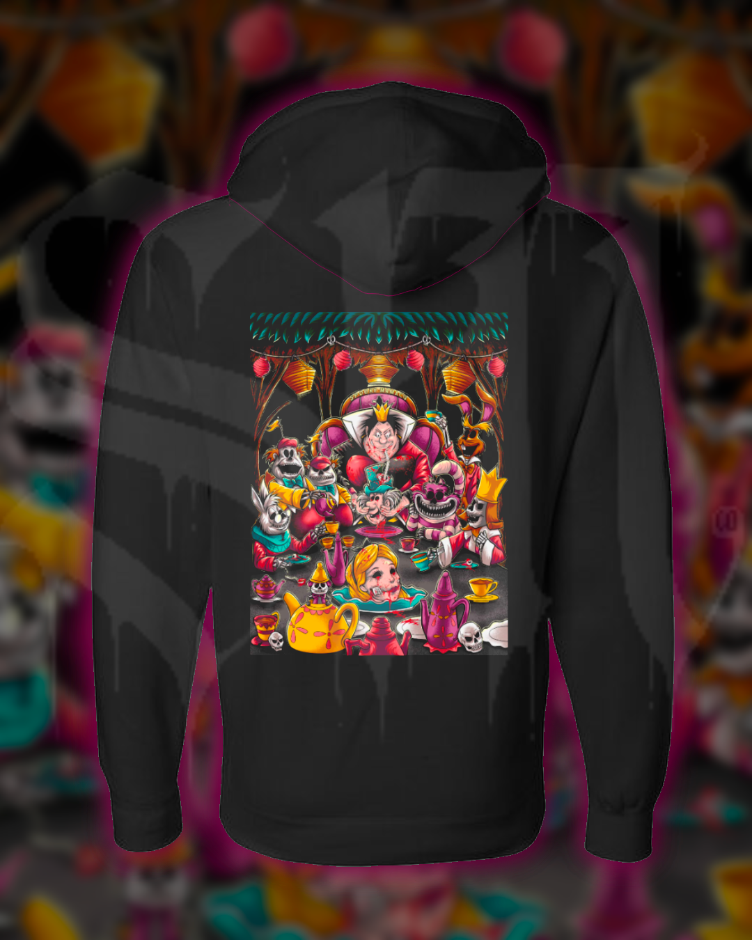 Black hoodie with a colorful graphic design on a multicolored background