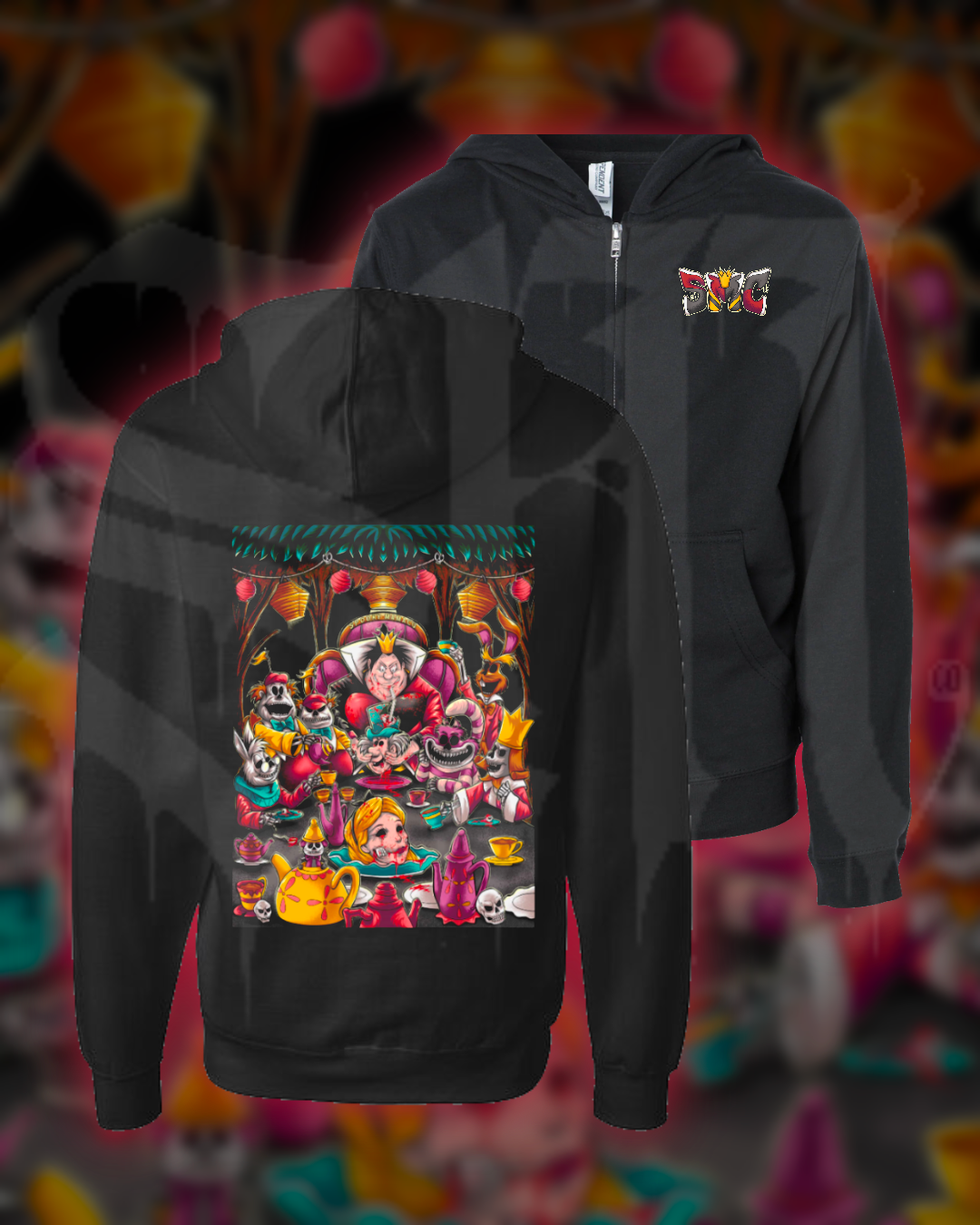 Black hoodie with colorful graphic design on a multicolored abstract background