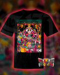 Black t-shirt with colorful graphic design featuring characters