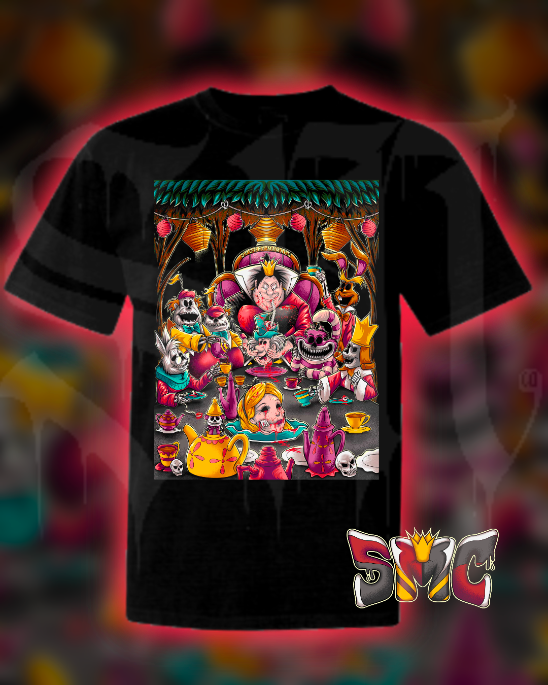 Black t-shirt with colorful graphic design featuring characters