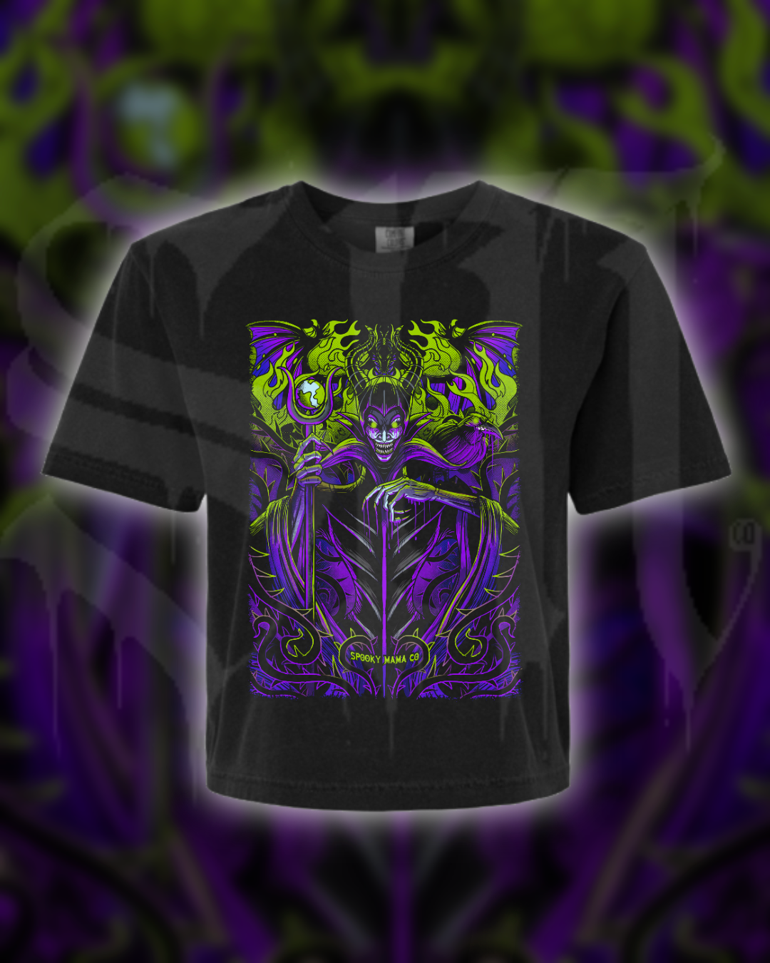 Black t-shirt with a colorful graphic design on a dark background