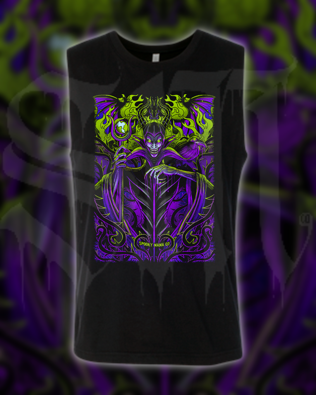 Black t-shirt with a colorful graphic design on a dark background