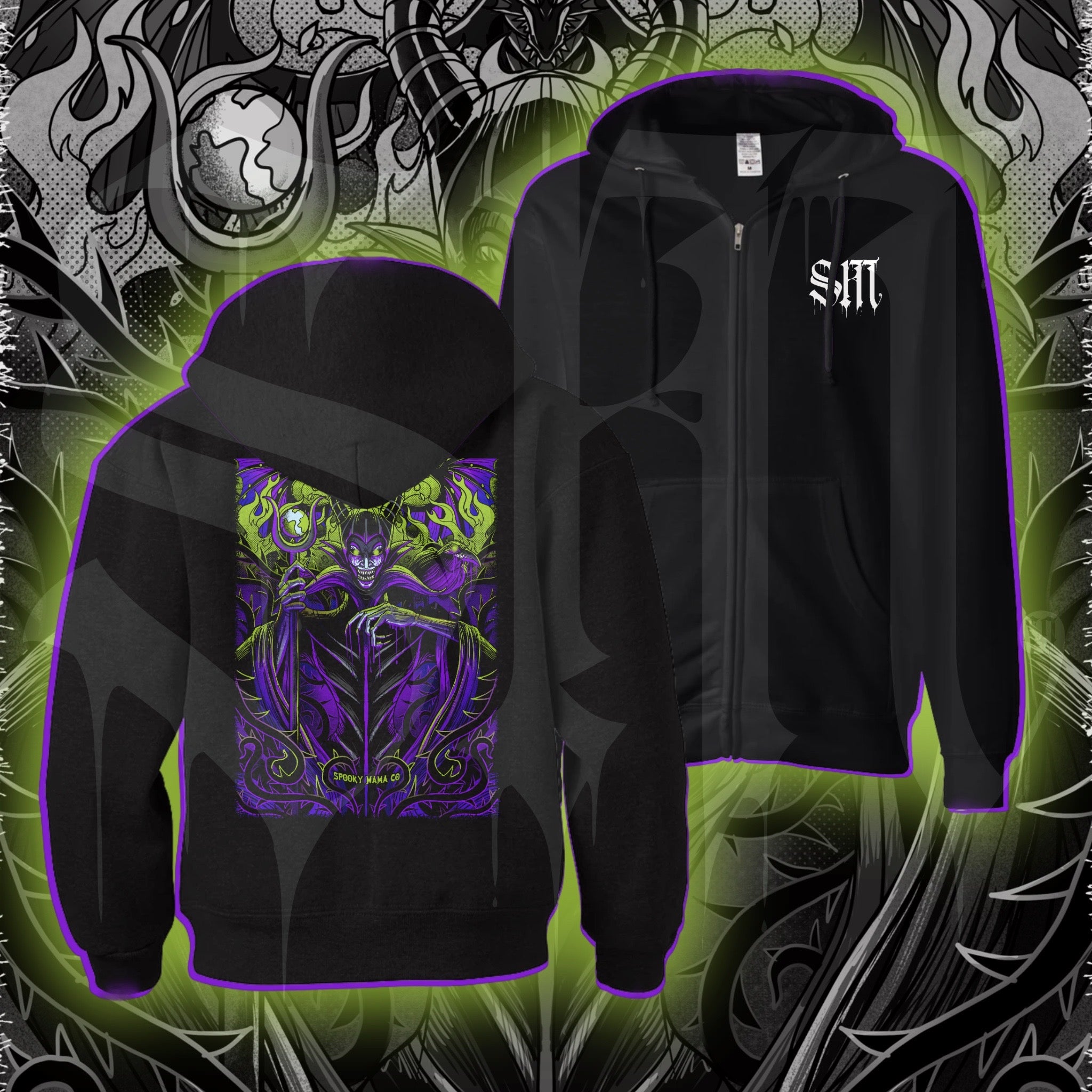 Black zip-up hoodie with a graphic print on the back featuring a character and text, with a neon green and purple backdrop.