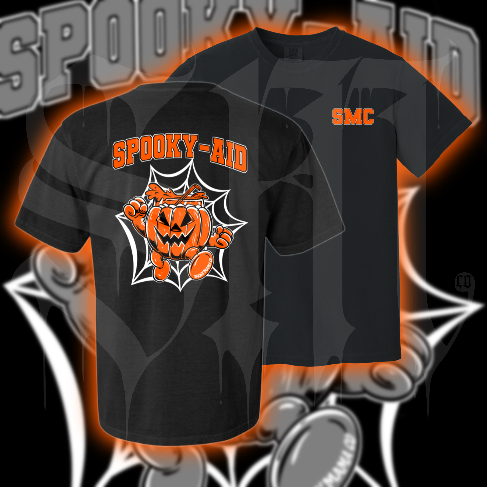 A black t-shirt with 'Spooky-Aid' text and an orange and black character graphic on the front.