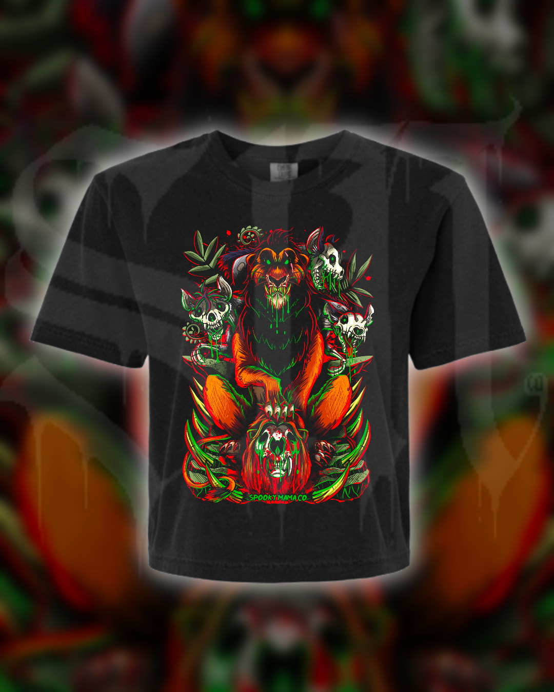 Black t-shirt with a colorful graphic design of a bear and flowers on a blurred background.