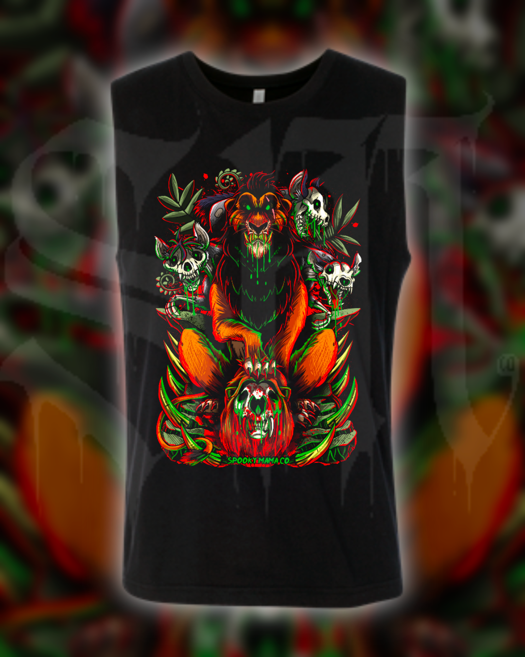 Black sleeveless shirt with a colorful graphic design featuring skulls and flames on a blurred background.