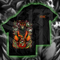 A black t-shirt with a graphic print of a monster and skulls on the front.