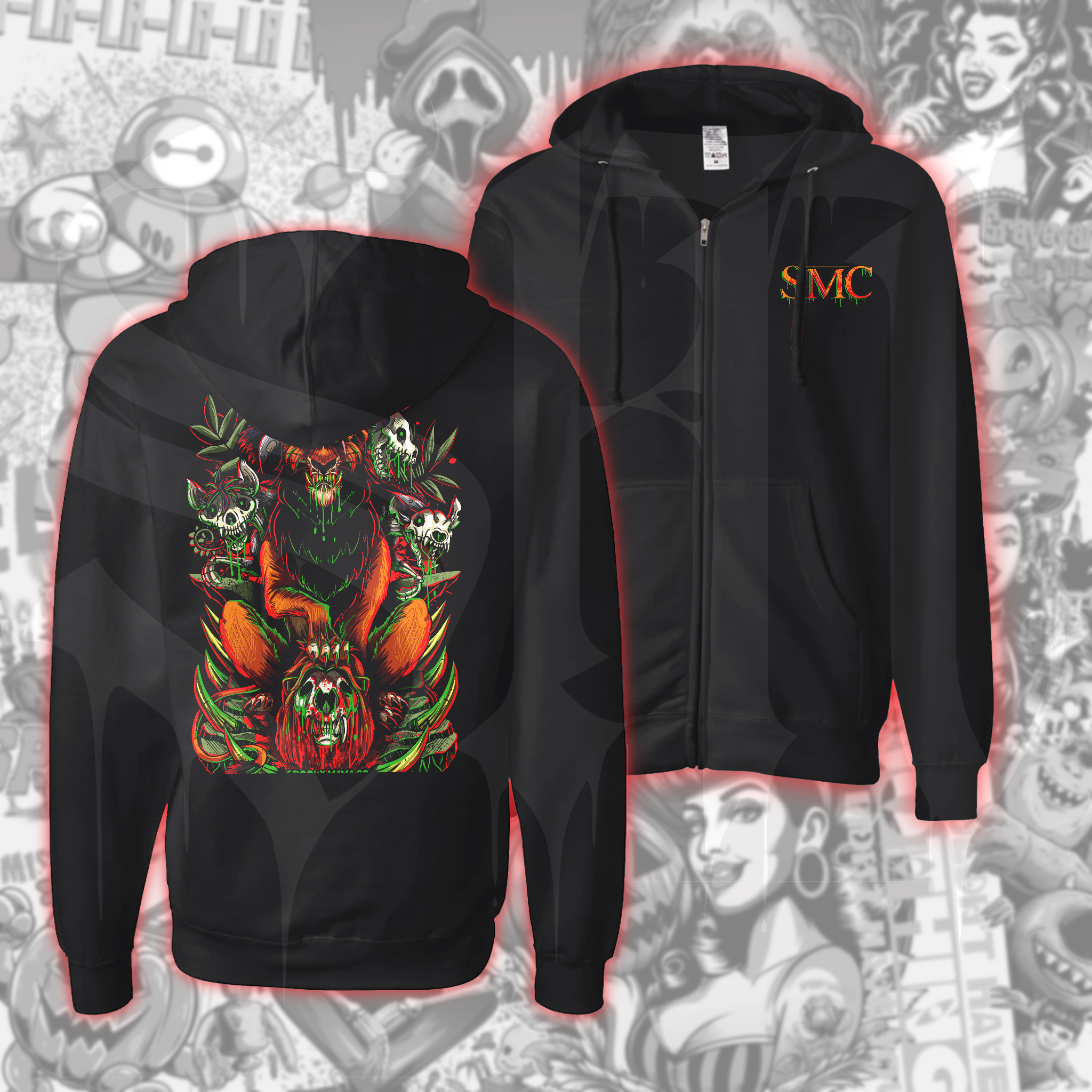 Black zip-up hoodie with a graphic print of skulls and floral patterns on the back, featuring a front zipper and a brand logo on the upper right.