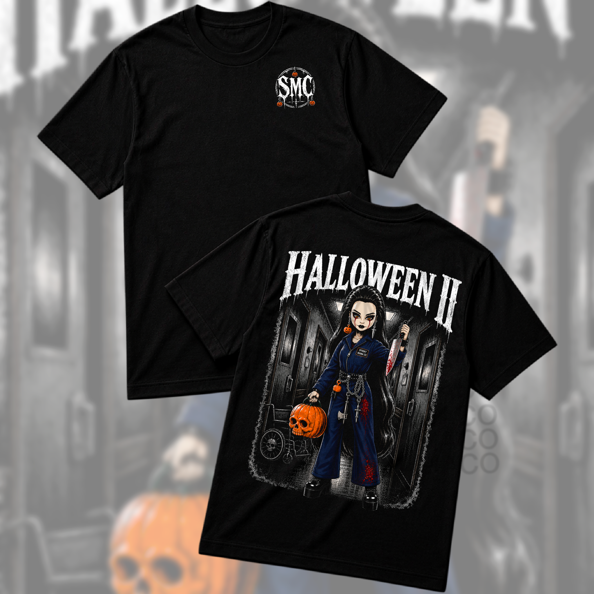 Two black short-sleeve graphic T-shirts shown against a blurred Halloween-themed background. The front shirt has a small circular 'SMC' logo on the chest, and the back shirt features a large 'HALLOWEEN II' graphic with an illustrated character in a dark outfit holding a pumpkin.