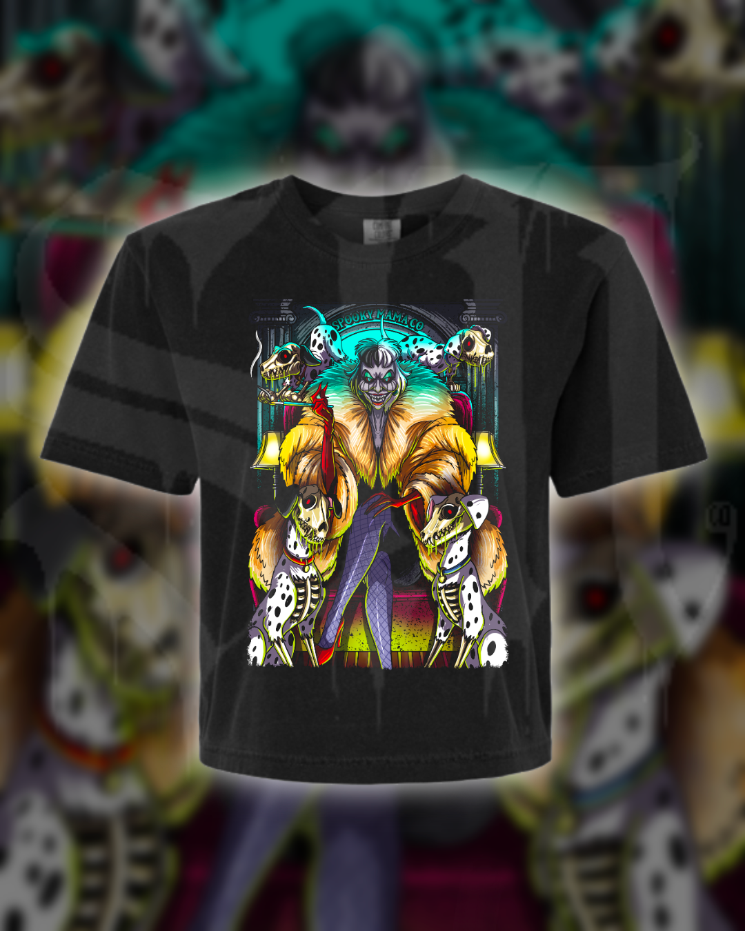 Black t-shirt with a colorful graphic design on a blurred background