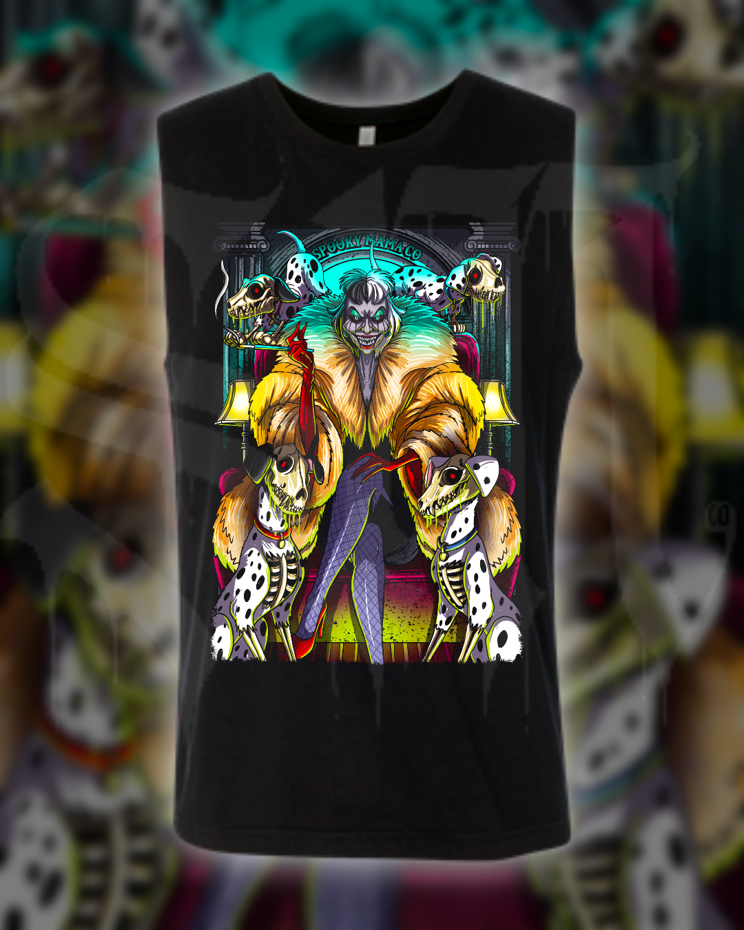 Black t-shirt with a colorful graphic design featuring a central figure surrounded by skeleton dogs on a blurred background.