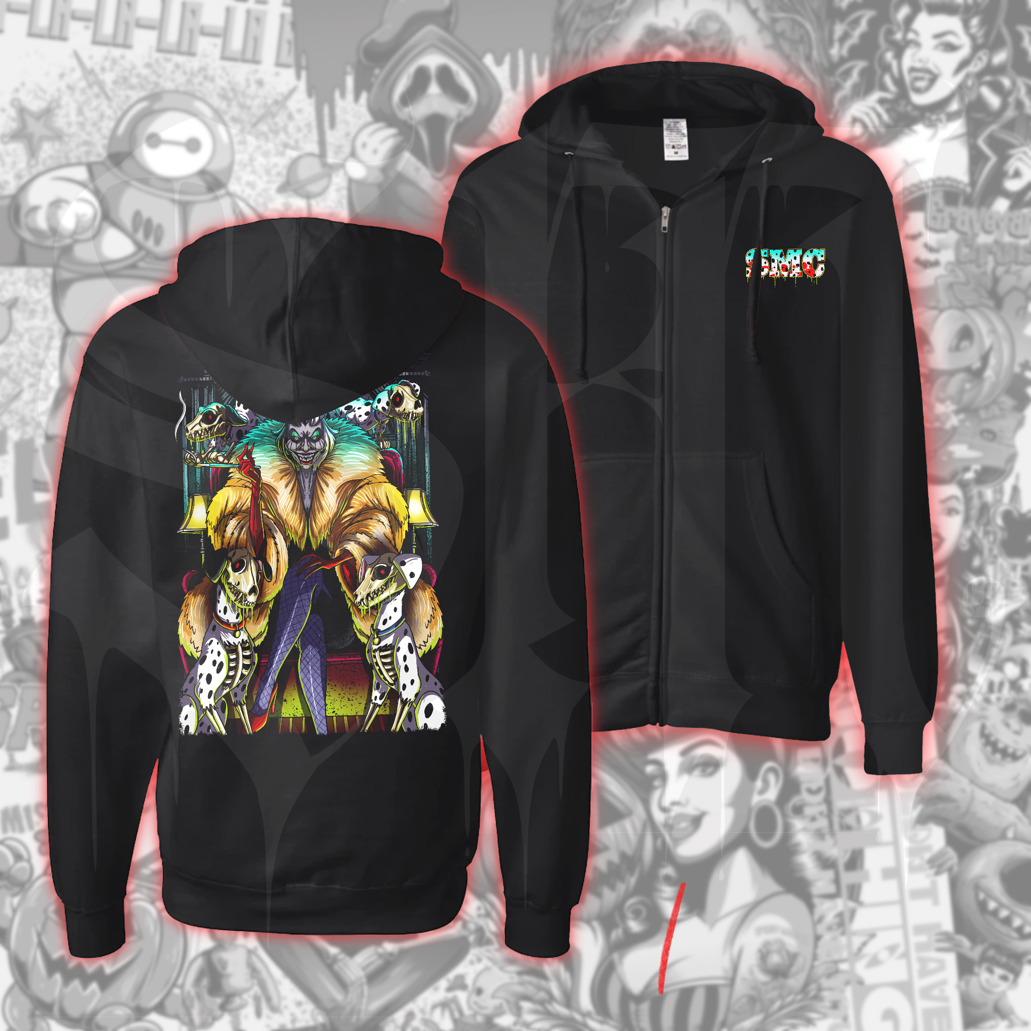 Black zip-up hoodie with a graphic print on the back featuring a character and text, displayed against a background with various animated characters and decorative elements.