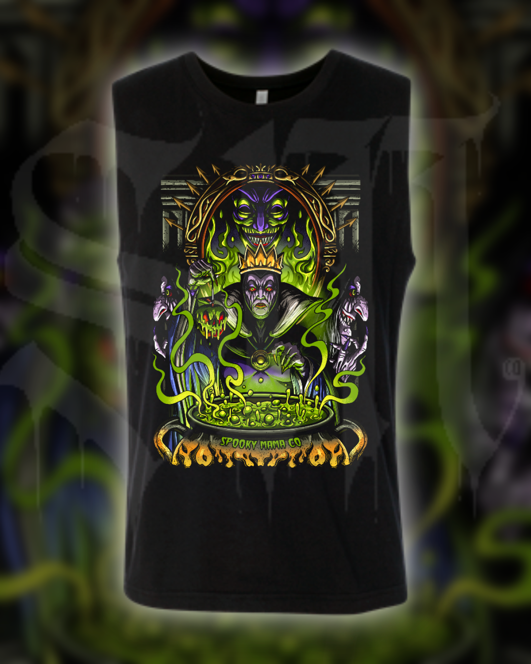 Black sleeveless shirt with a colorful graphic design on a dark background