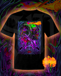 Black t-shirt with a colorful graphic design featuring a creature and pumpkins in a dark, eerie setting.